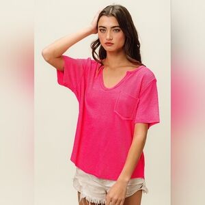 BiBi Waved Rib U Neck Top With Front Pocket